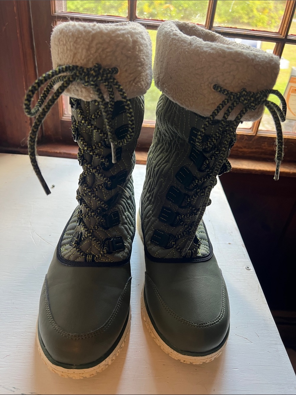 L.L. Bean Olive Green Quilted Lace-Up Winter Boots with Sherpa Cuff